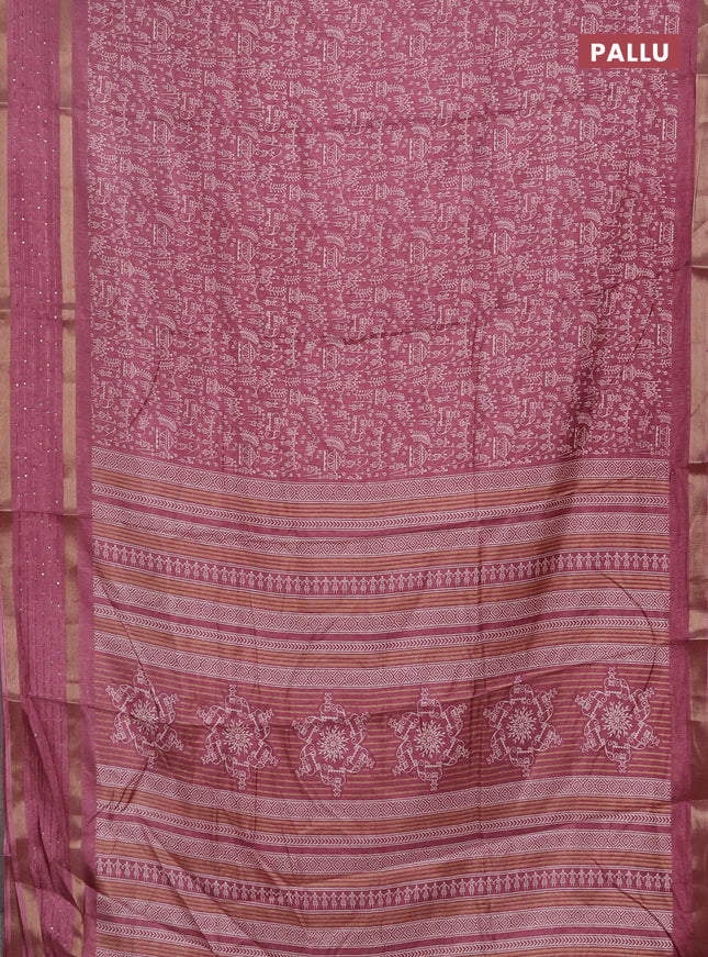 Semi dola saree mauve pink with allover warli prints and zari woven sequin work border