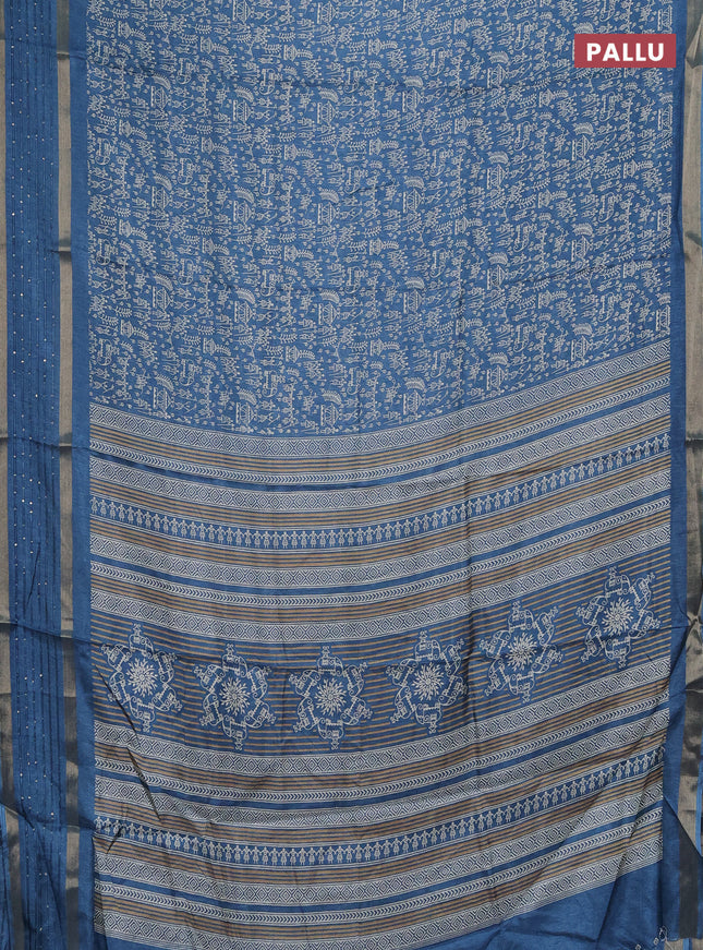Semi dola saree cs blue with allover warli prints and zari woven sequin work border