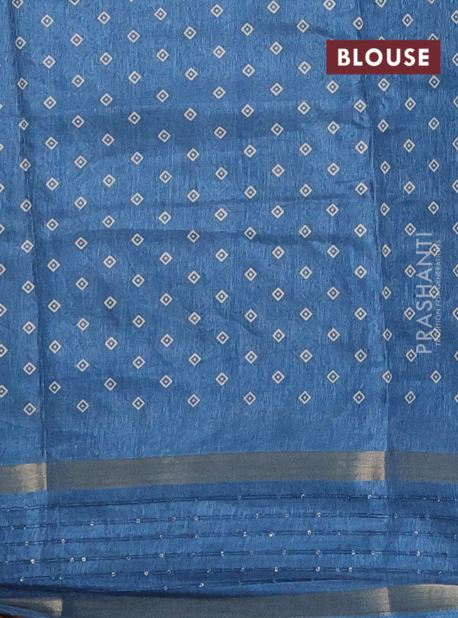 Semi dola saree cs blue with allover warli prints and zari woven sequin work border