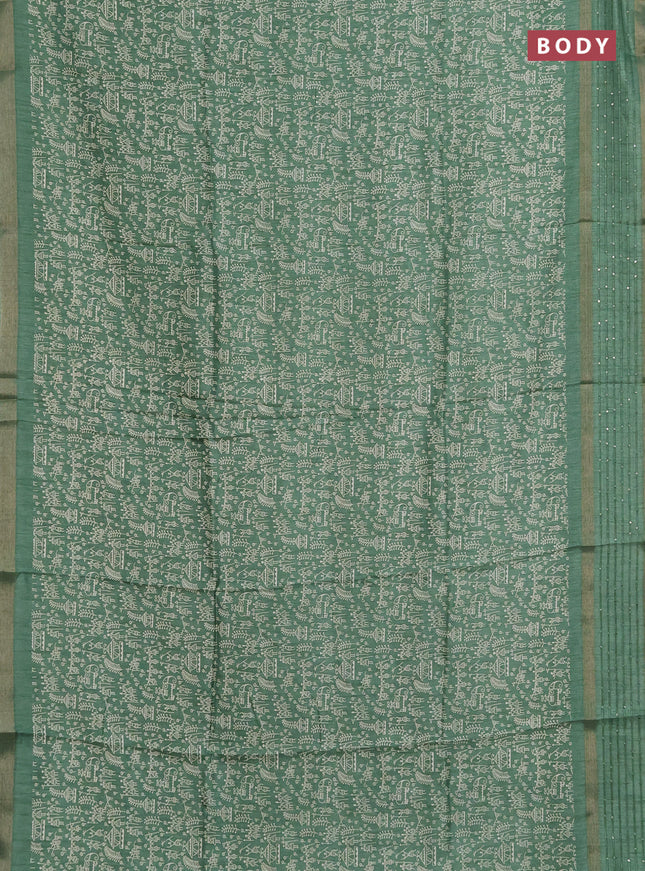 Semi dola saree pastel green with allover warli prints and zari woven sequin work border