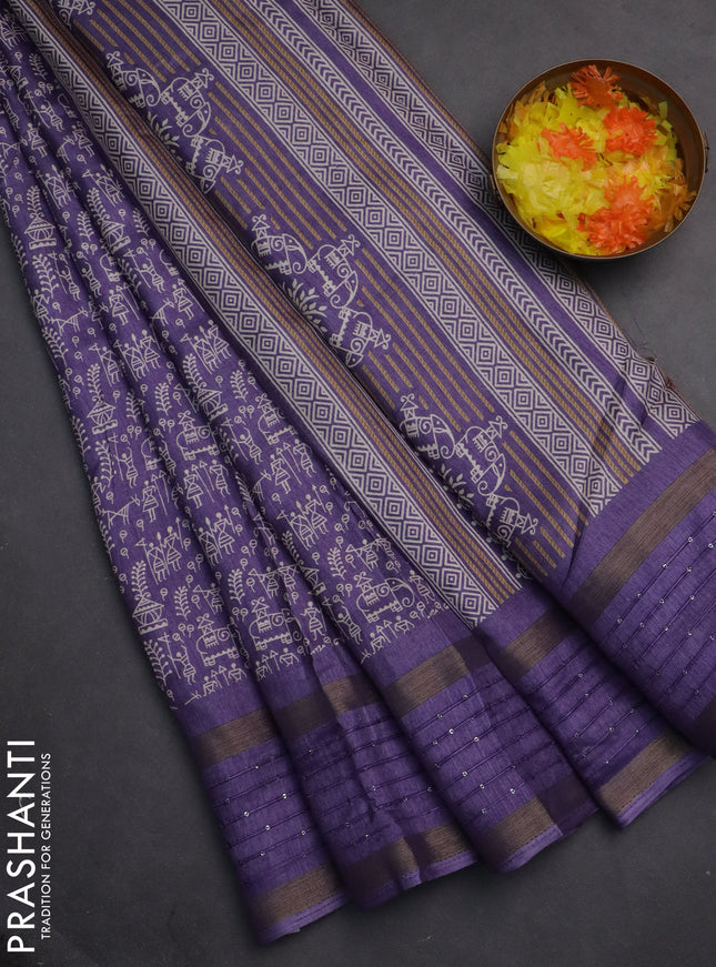 Semi dola saree lavender with allover warli prints and zari woven sequin work border