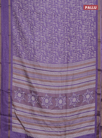 Semi dola saree lavender with allover warli prints and zari woven sequin work border