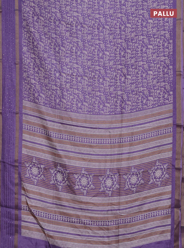 Semi dola saree lavender with allover warli prints and zari woven sequin work border