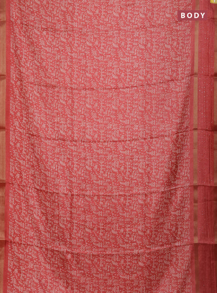 Semi dola saree peach shade with allover warli prints and zari woven sequin work border