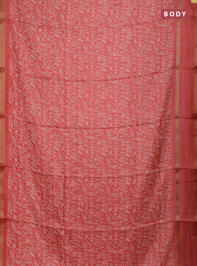 Semi dola saree peach shade with allover warli prints and zari woven sequin work border