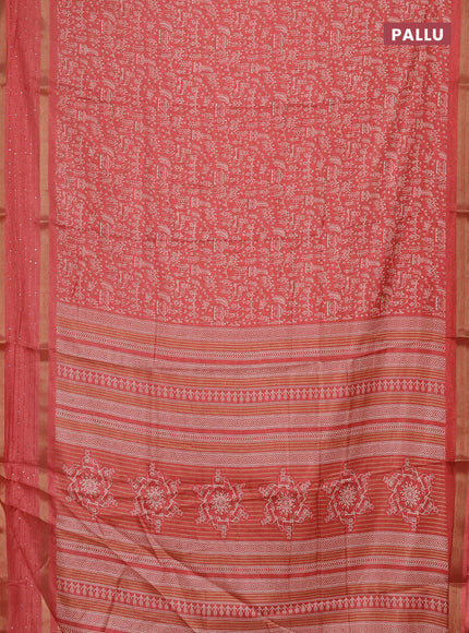 Semi dola saree peach shade with allover warli prints and zari woven sequin work border