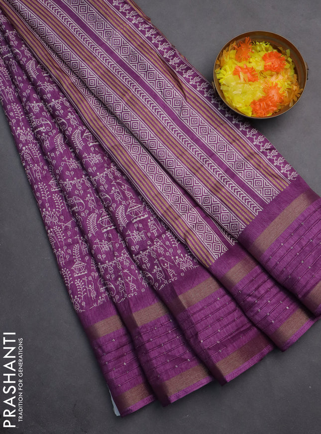 Semi dola saree purple with allover warli prints and zari woven sequin work border
