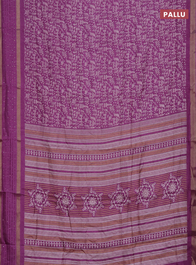 Semi dola saree purple with allover warli prints and zari woven sequin work border