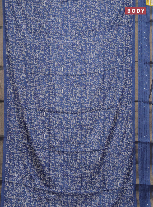 Semi dola saree blue with allover warli prints and zari woven sequin work border