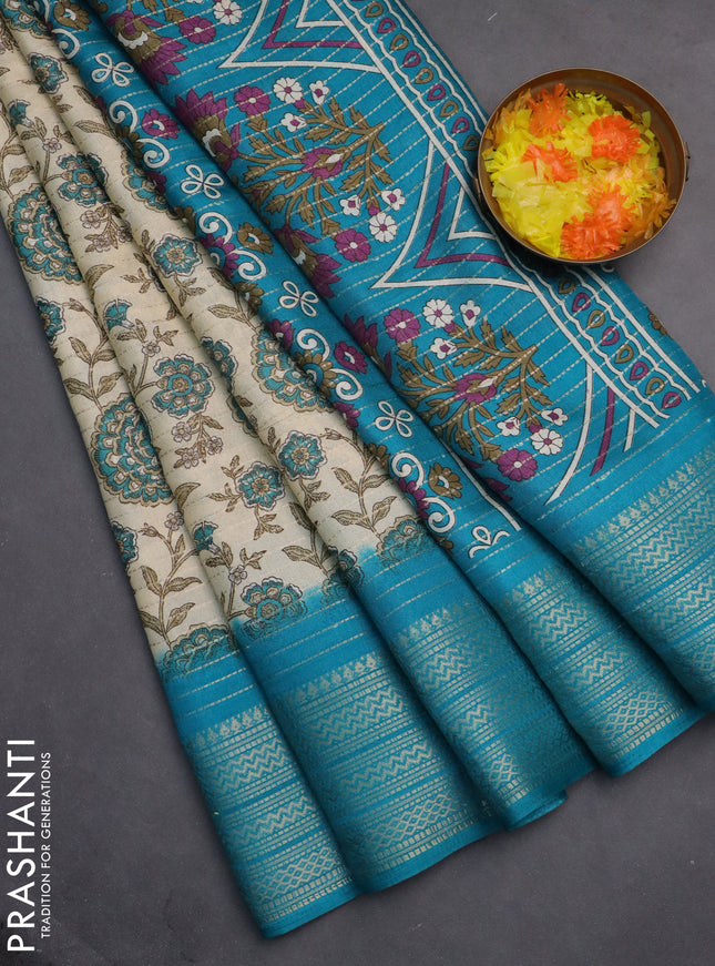Semi dola saree cream and teal blue with allover zari weaves & kalamkari prints and zari woven border