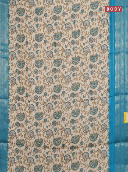 Semi dola saree cream and teal blue with allover zari weaves & kalamkari prints and zari woven border
