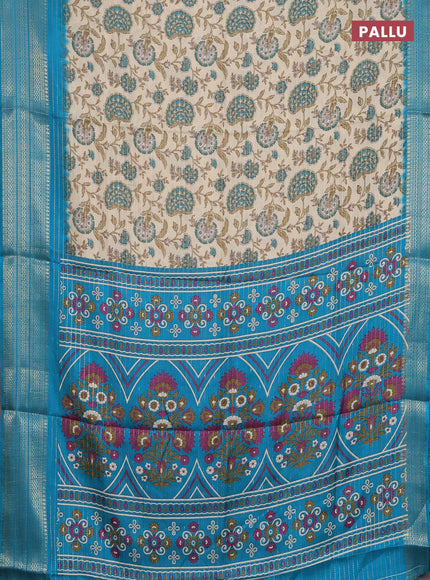 Semi dola saree cream and teal blue with allover zari weaves & kalamkari prints and zari woven border