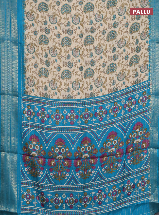 Semi dola saree cream and teal blue with allover zari weaves & kalamkari prints and zari woven border