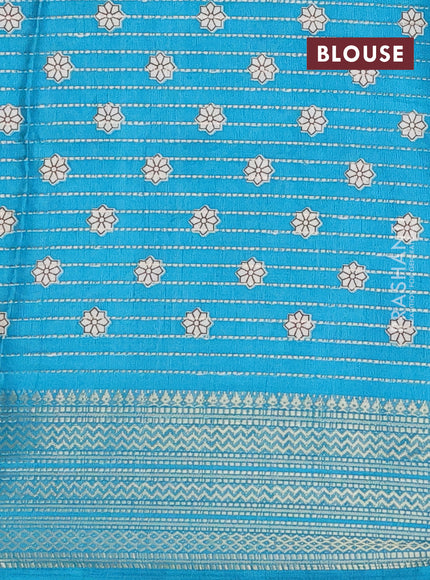 Semi dola saree cream and teal blue with allover zari weaves & kalamkari prints and zari woven border