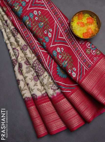 Semi dola saree cream and pink with allover zari weaves & kalamkari prints and zari woven border
