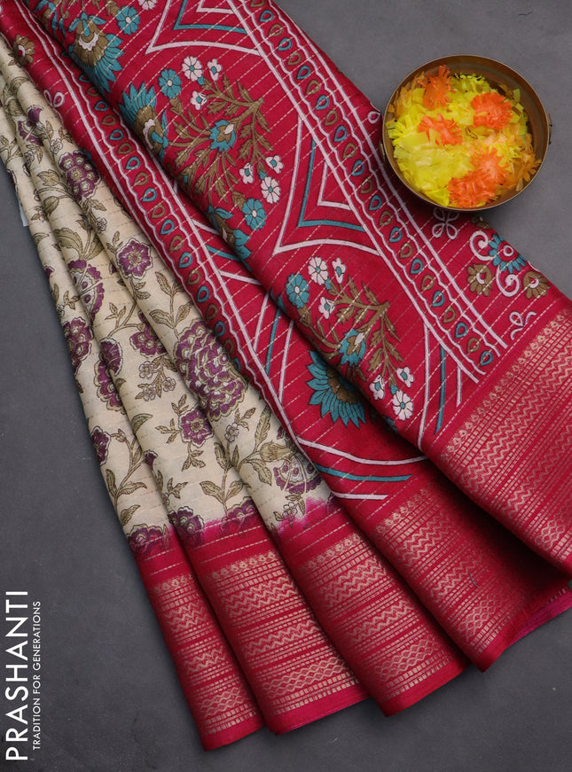 Semi dola saree cream and pink with allover zari weaves & kalamkari prints and zari woven border