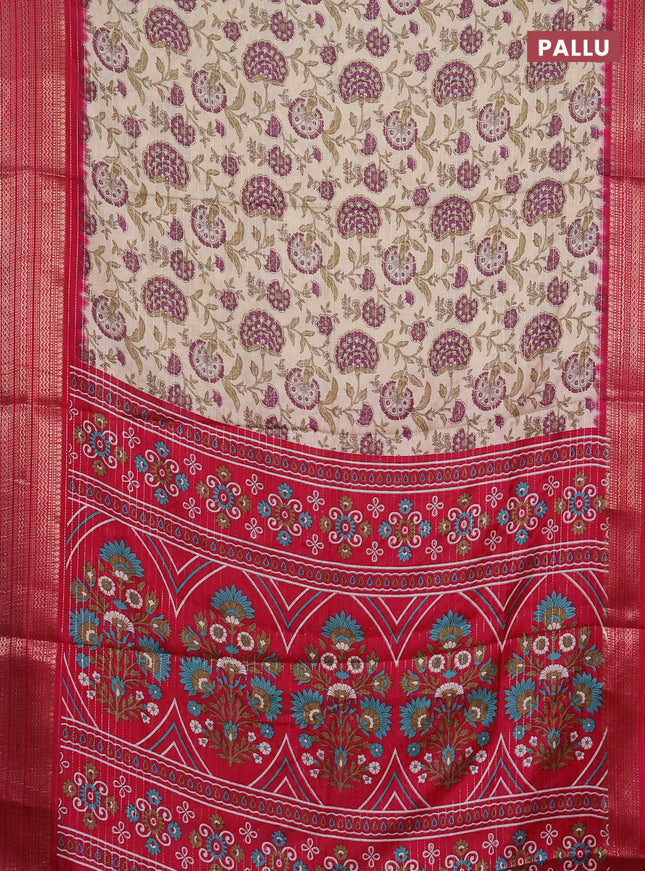 Semi dola saree cream and pink with allover zari weaves & kalamkari prints and zari woven border