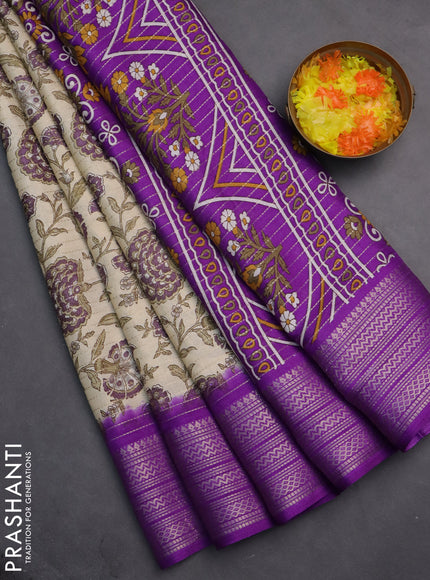 Semi dola saree cream and violet with allover zari weaves & kalamkari prints and zari woven border