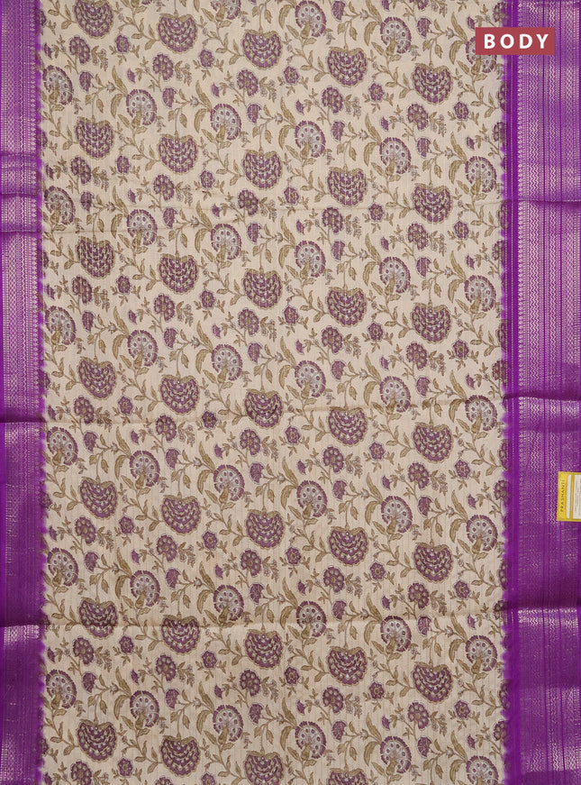 Semi dola saree cream and violet with allover zari weaves & kalamkari prints and zari woven border