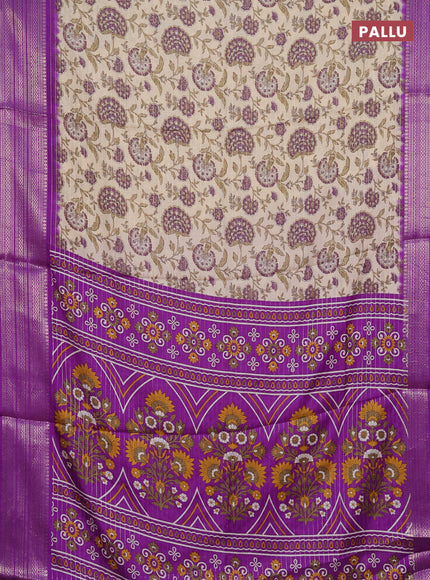 Semi dola saree cream and violet with allover zari weaves & kalamkari prints and zari woven border