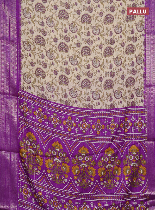 Semi dola saree cream and violet with allover zari weaves & kalamkari prints and zari woven border