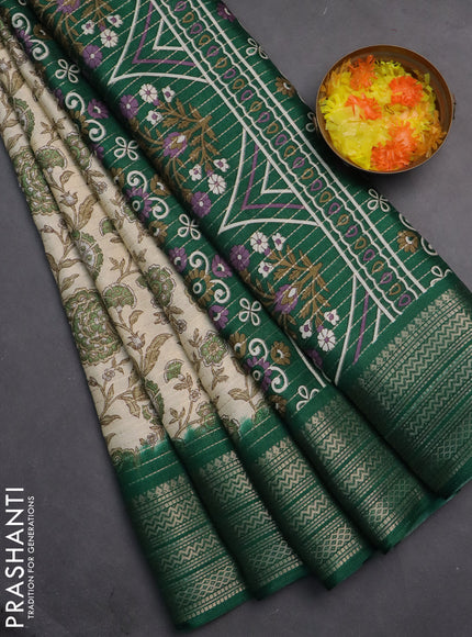 Semi dola saree cream and green with allover zari weaves & kalamkari prints and zari woven border