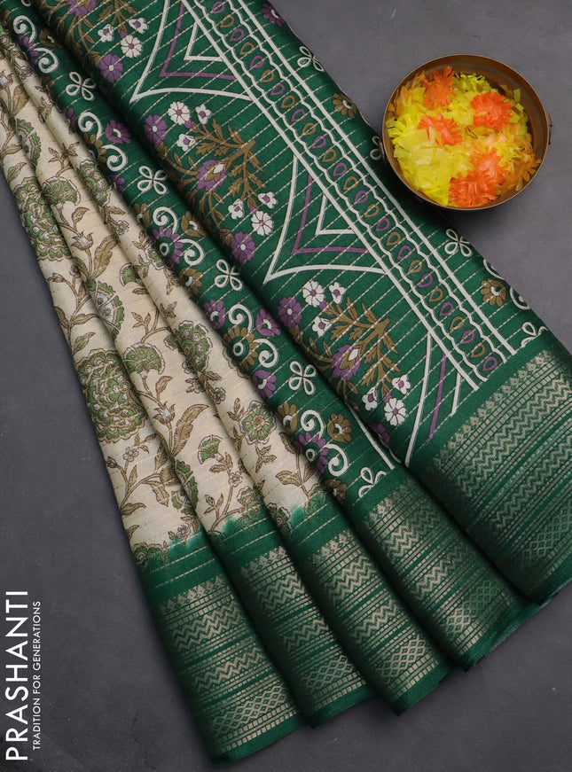 Semi dola saree cream and green with allover zari weaves & kalamkari prints and zari woven border