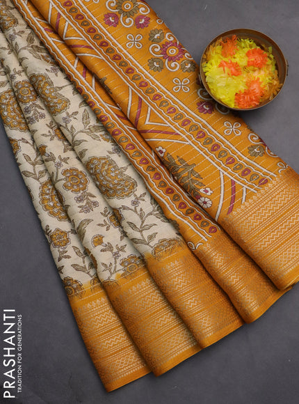 Semi dola saree cream and mustard yellow with allover zari weaves & kalamkari prints and zari woven border