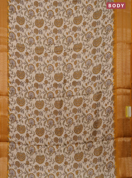 Semi dola saree cream and mustard yellow with allover zari weaves & kalamkari prints and zari woven border