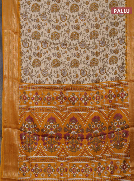 Semi dola saree cream and mustard yellow with allover zari weaves & kalamkari prints and zari woven border