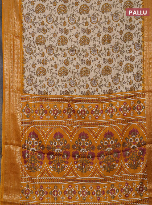 Semi dola saree cream and mustard yellow with allover zari weaves & kalamkari prints and zari woven border