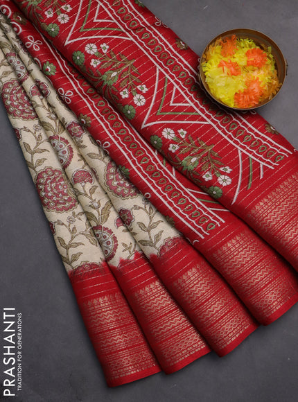 Semi dola saree cream and maroon with allover zari weaves & kalamkari prints and zari woven border