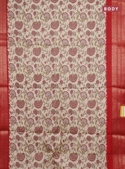 Semi dola saree cream and maroon with allover zari weaves & kalamkari prints and zari woven border