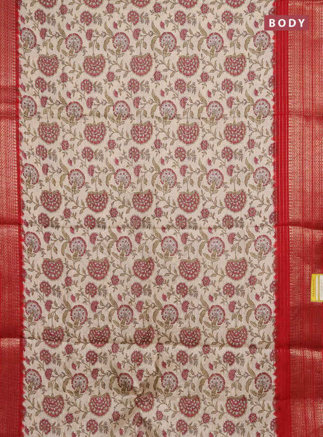 Semi dola saree cream and maroon with allover zari weaves & kalamkari prints and zari woven border