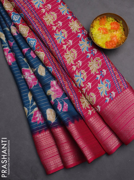 Semi dola saree cs blue and pink with allover zari weaves & floral prints and zari woven border