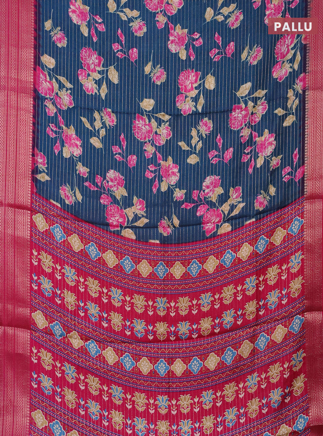 Semi dola saree cs blue and pink with allover zari weaves & floral prints and zari woven border