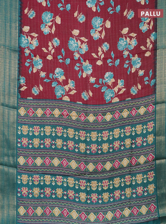 Semi dola saree maroon and teal green with allover zari weaves & floral prints and zari woven border