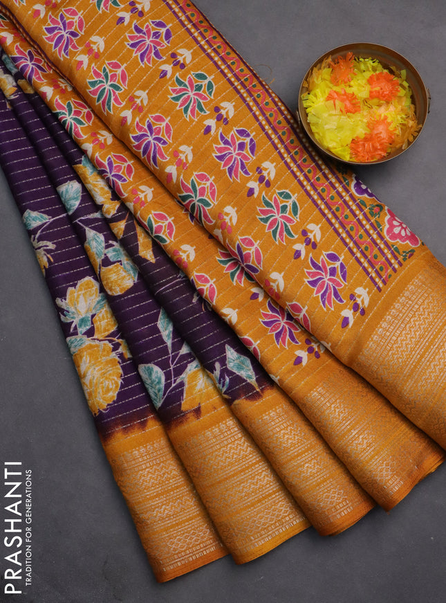 Semi dola saree violet and mustard yellow with allover zari weaves & floral prints and zari woven border