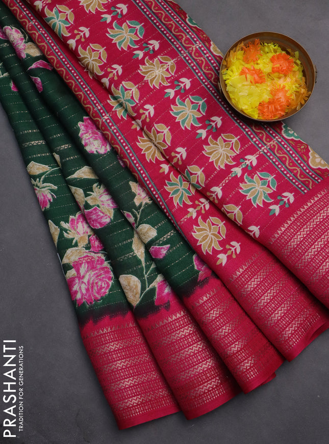 Semi dola saree green and pink with allover zari weaves & floral prints and zari woven border