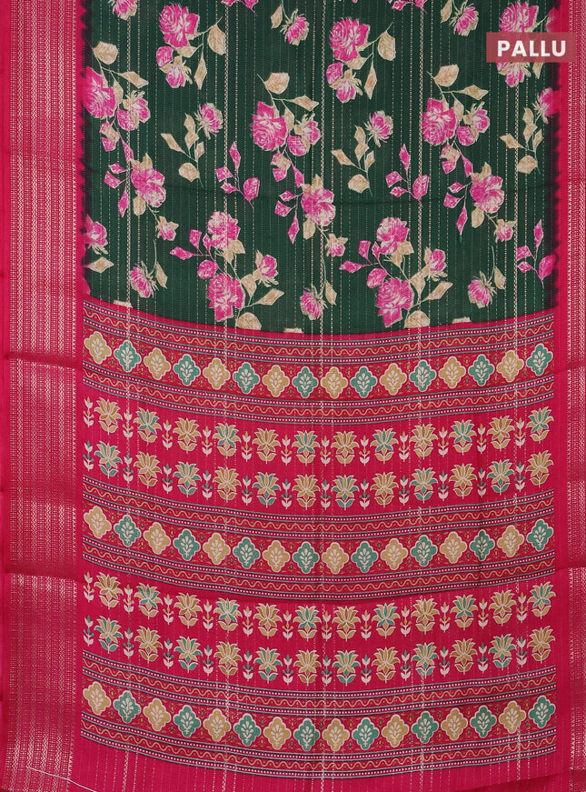 Semi dola saree green and pink with allover zari weaves & floral prints and zari woven border