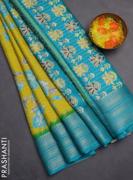 Semi dola saree lime yellow and teal blue with allover zari weaves & floral prints and zari woven border