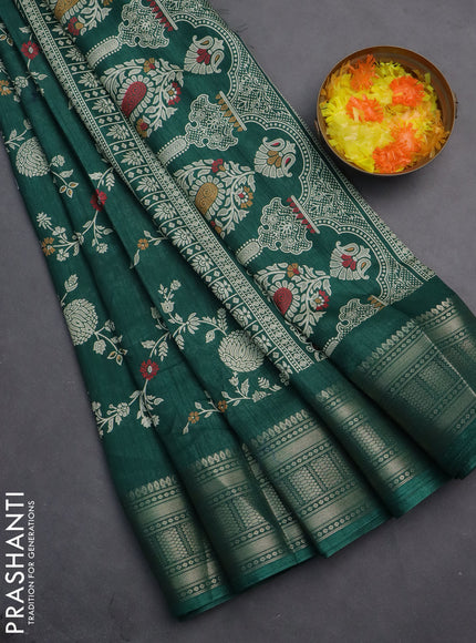 Semi dola saree dark green with allover prints and zari woven border