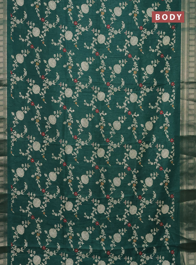 Semi dola saree dark green with allover prints and zari woven border