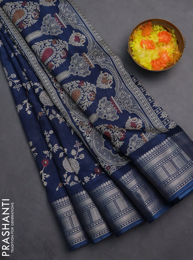 Semi dola saree peacock blue with allover prints and zari woven border
