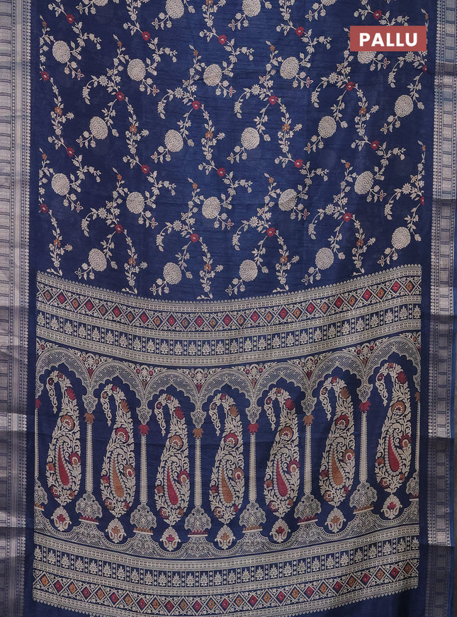 Semi dola saree peacock blue with allover prints and zari woven border