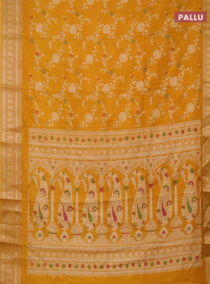 Semi dola saree mustard yellow with allover prints and zari woven border