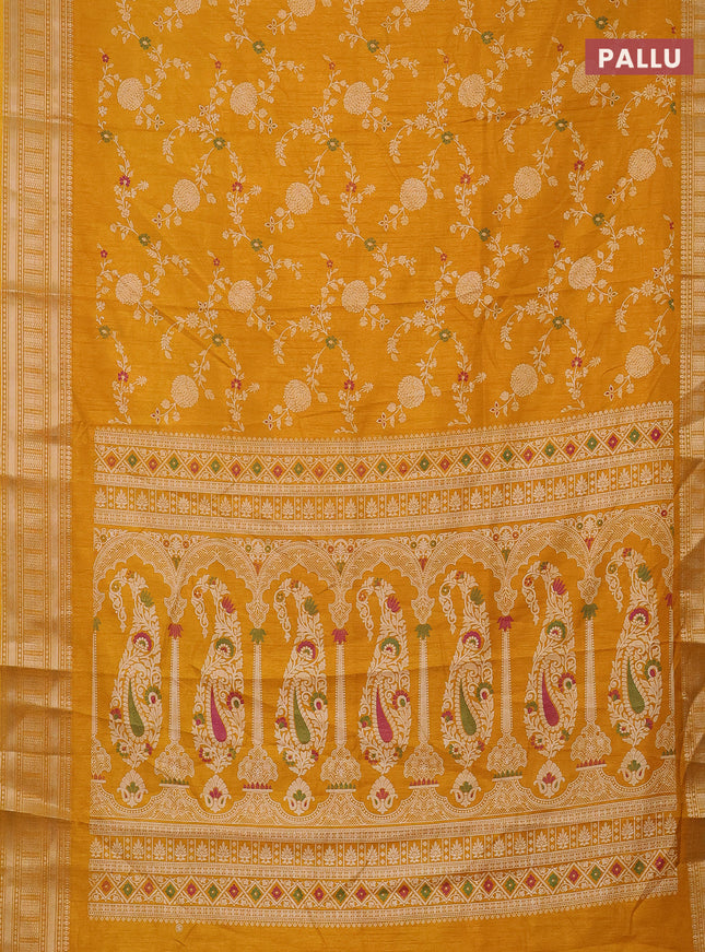 Semi dola saree mustard yellow with allover prints and zari woven border