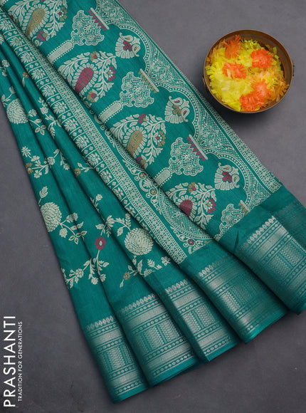 Semi dola saree teal green with allover prints and zari woven border