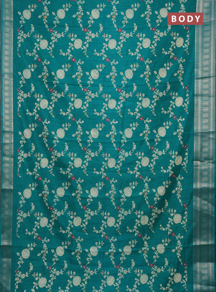 Semi dola saree teal green with allover prints and zari woven border