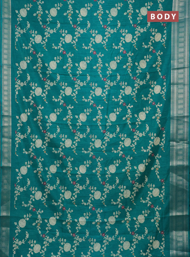 Semi dola saree teal green with allover prints and zari woven border
